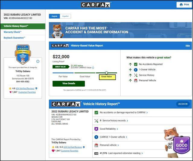 used 2022 Subaru Legacy car, priced at $21,600