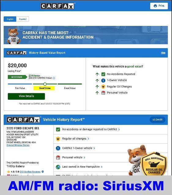 used 2020 Ford Escape car, priced at $20,000