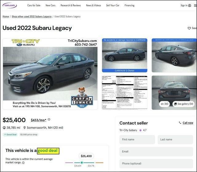 used 2022 Subaru Legacy car, priced at $25,400