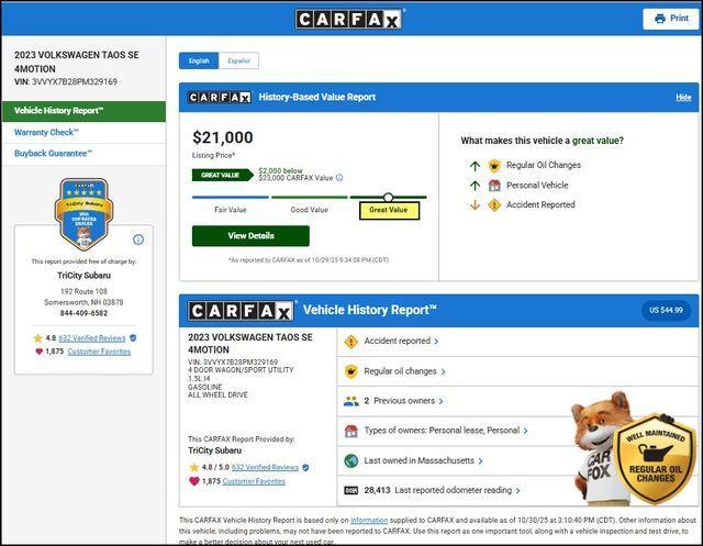 used 2023 Volkswagen Taos car, priced at $21,000