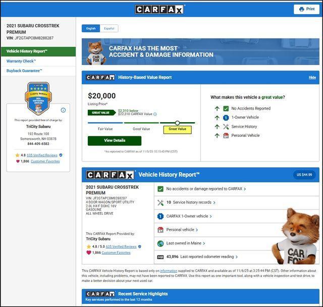 used 2021 Subaru Crosstrek car, priced at $20,000