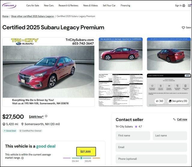 used 2025 Subaru Legacy car, priced at $27,500