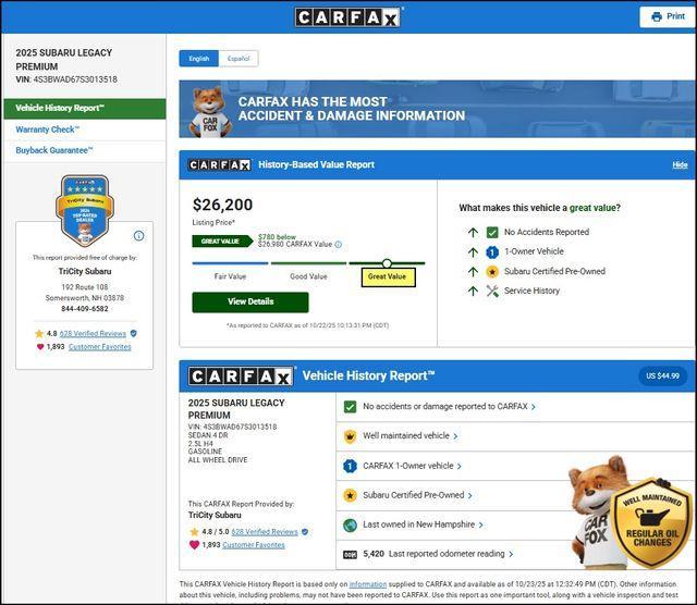 used 2025 Subaru Legacy car, priced at $26,200