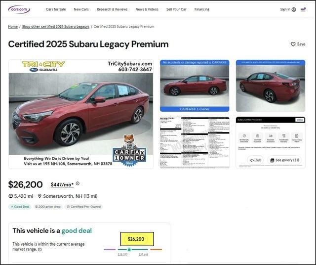 used 2025 Subaru Legacy car, priced at $26,200