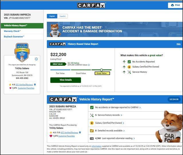 used 2025 Subaru Impreza car, priced at $22,200