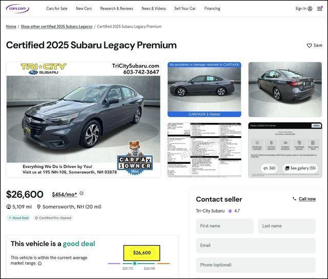 used 2025 Subaru Legacy car, priced at $26,600