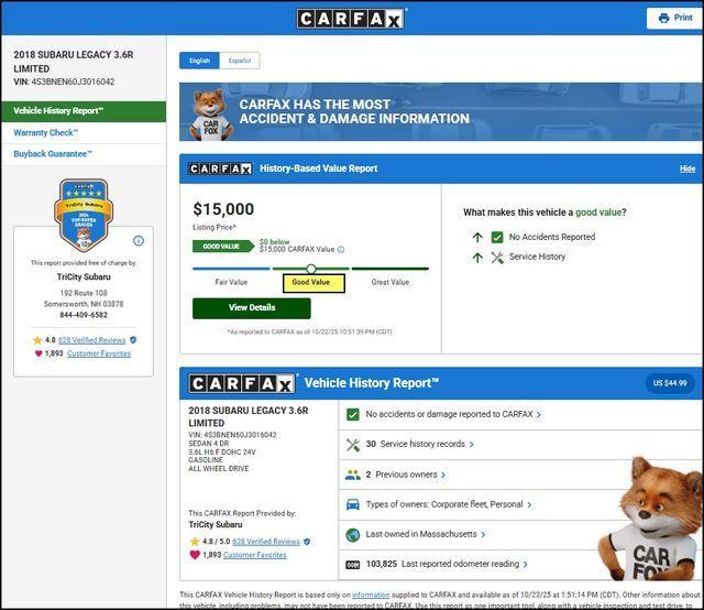 used 2018 Subaru Legacy car, priced at $15,000