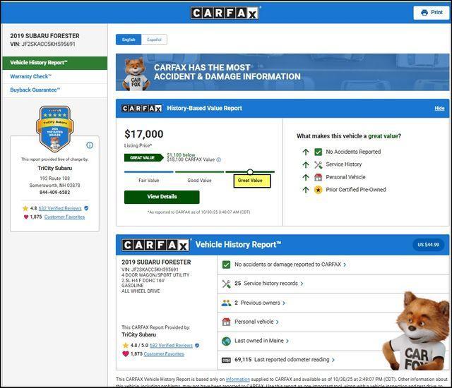 used 2019 Subaru Forester car, priced at $17,000