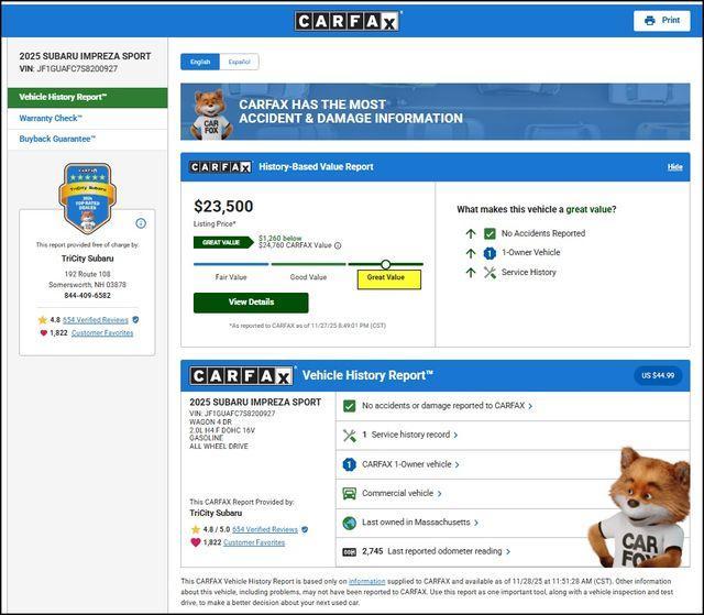 used 2025 Subaru Impreza car, priced at $23,500