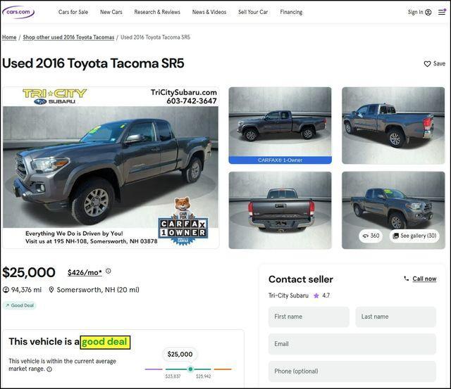 used 2016 Toyota Tacoma car, priced at $25,000