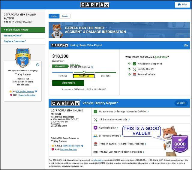 used 2017 Acura MDX car, priced at $18,300