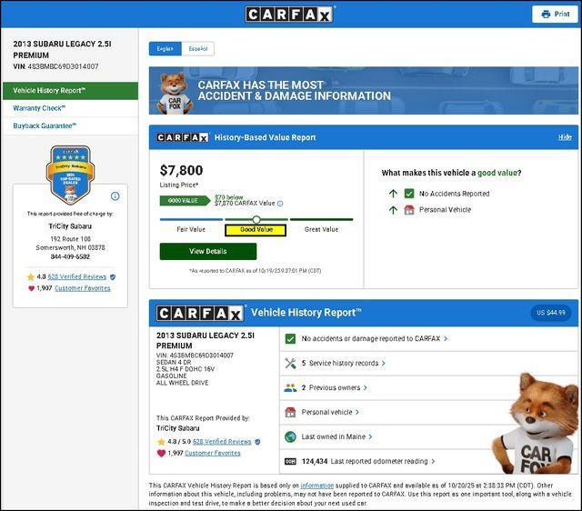 used 2013 Subaru Legacy car, priced at $7,800