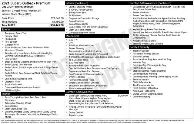 used 2021 Subaru Outback car, priced at $23,900