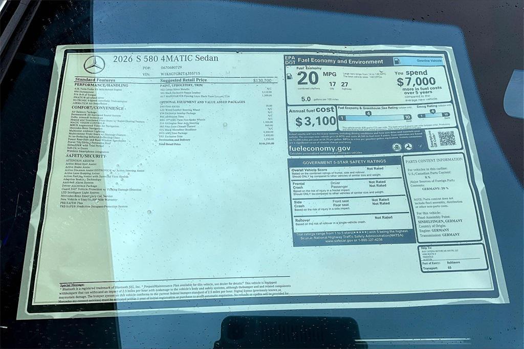 new 2026 Mercedes-Benz S-Class car, priced at $146,255