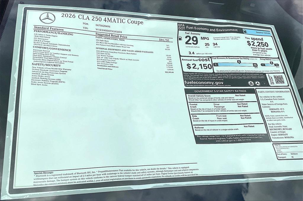 new 2026 Mercedes-Benz CLA 250 car, priced at $52,395