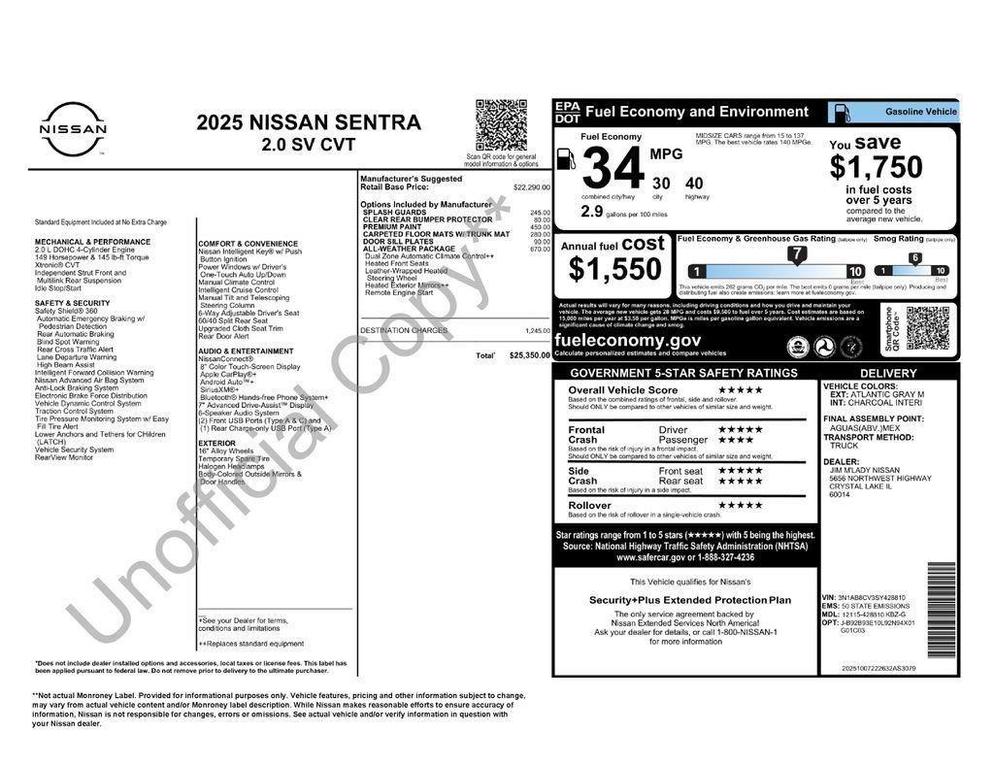 new 2025 Nissan Sentra car, priced at $20,850