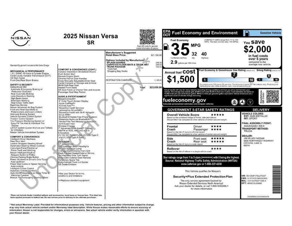 new 2025 Nissan Versa car, priced at $19,050