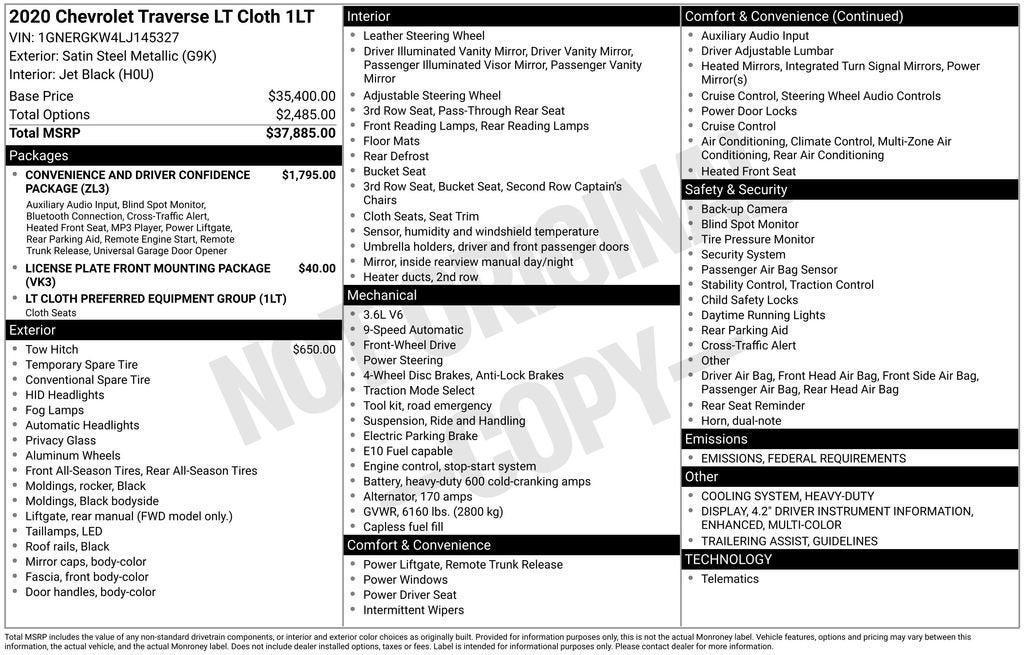 used 2020 Chevrolet Traverse car, priced at $19,821