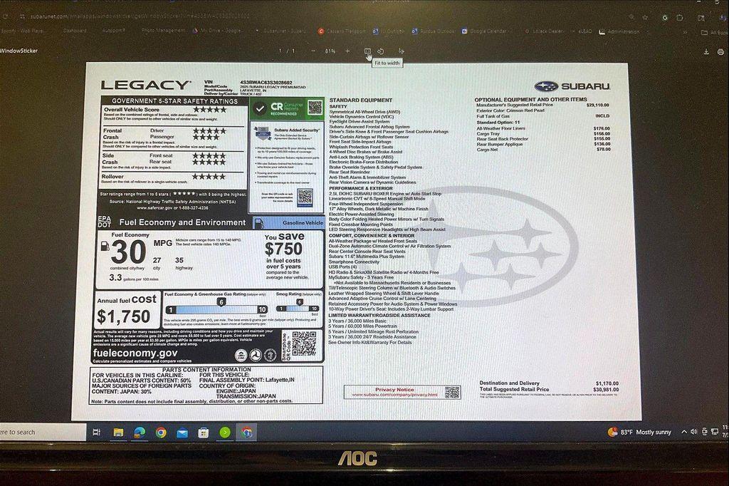 new 2025 Subaru Legacy car, priced at $29,186