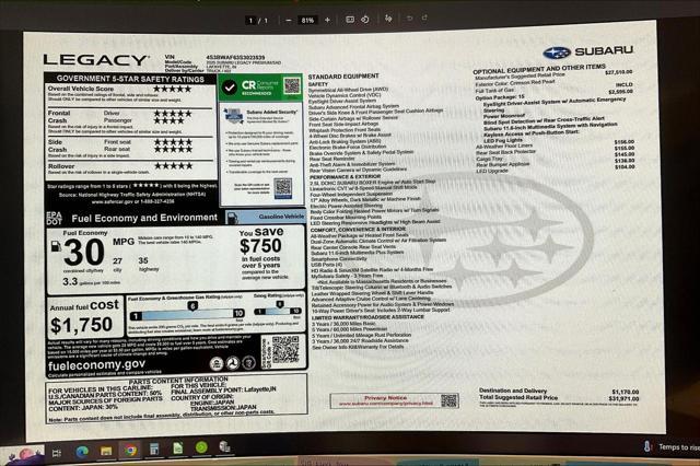 new 2025 Subaru Legacy car, priced at $31,471