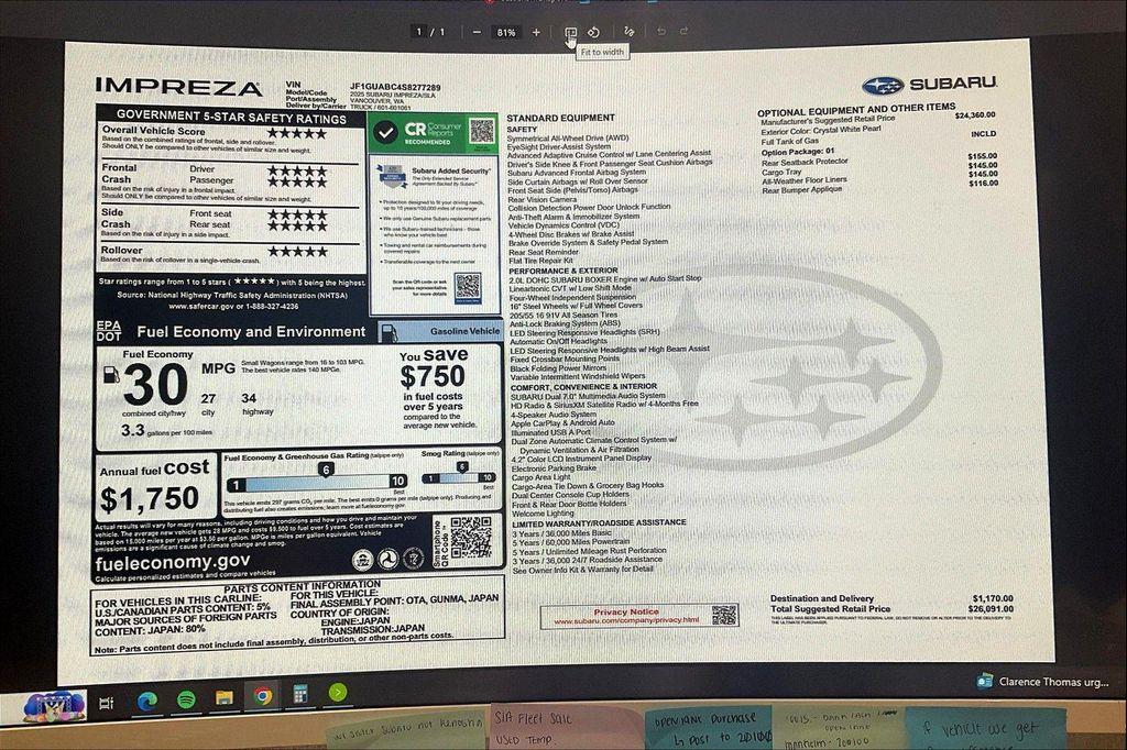 new 2025 Subaru Impreza car, priced at $26,091