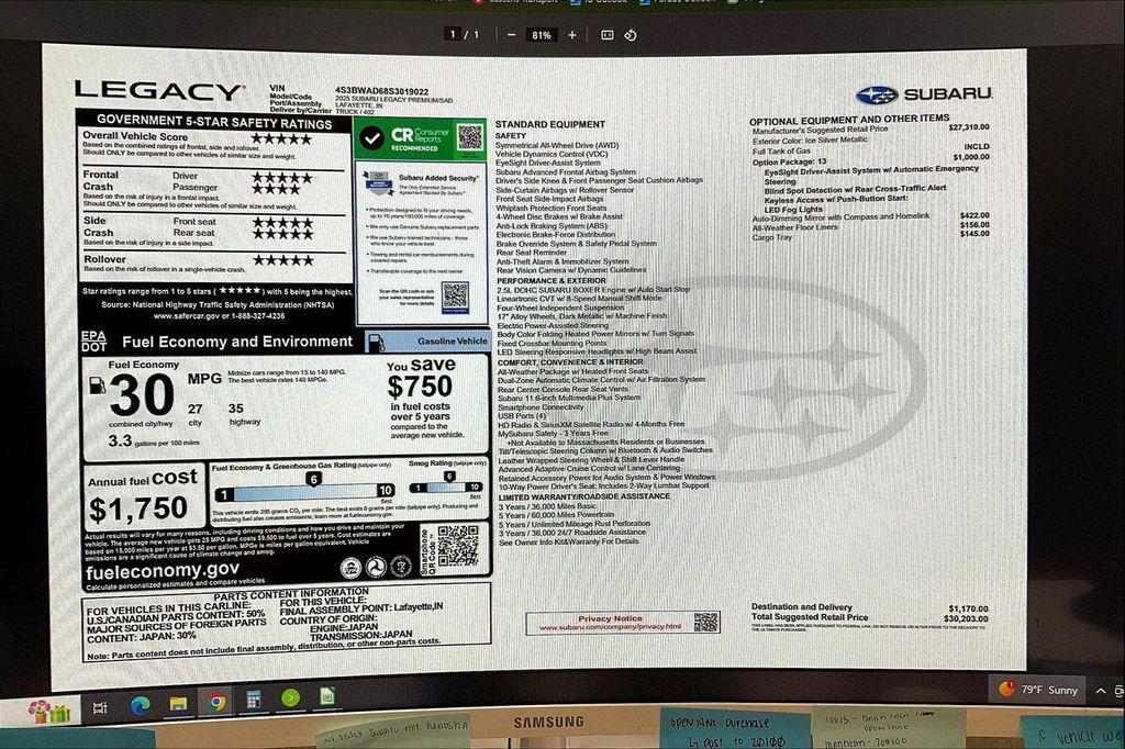 new 2025 Subaru Legacy car, priced at $29,703