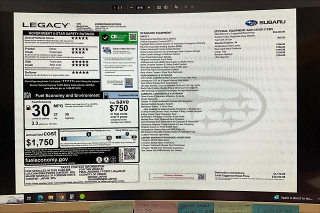 new 2025 Subaru Legacy car, priced at $35,686