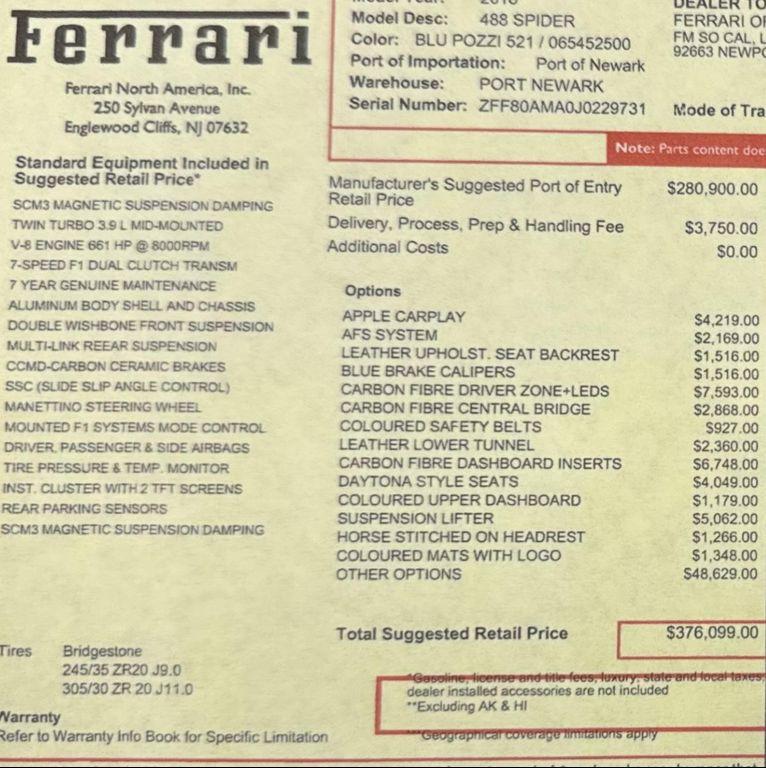 used 2018 Ferrari 488 Spider car, priced at $315,108
