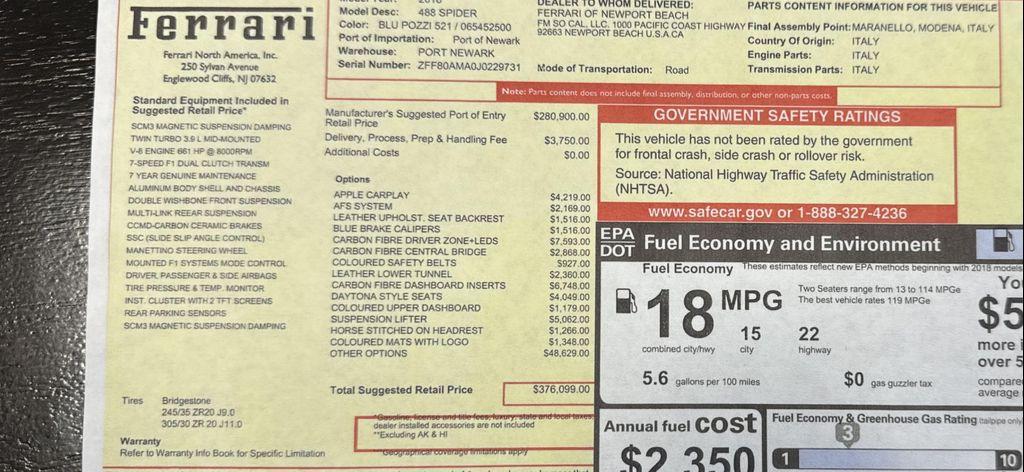 used 2018 Ferrari 488 Spider car, priced at $315,108