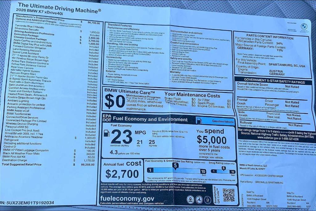 new 2026 BMW X7 car, priced at $99,255