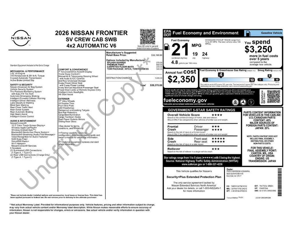 new 2026 Nissan Frontier car, priced at $36,508