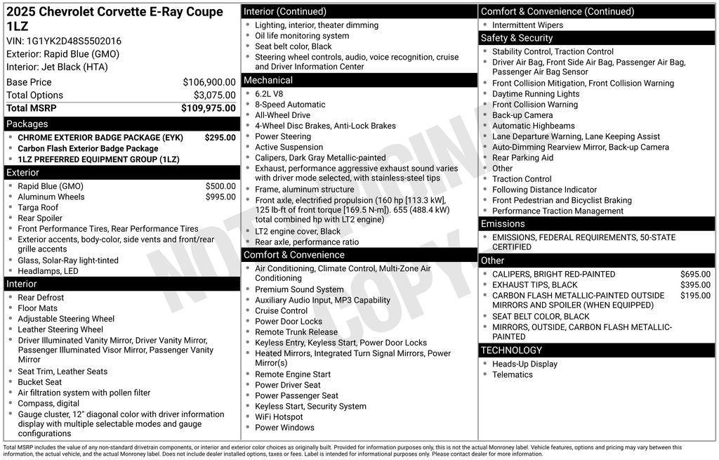 new 2025 Chevrolet Corvette E-Ray car, priced at $94,870