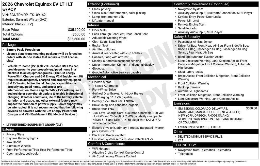 new 2026 Chevrolet Equinox EV car, priced at $33,495