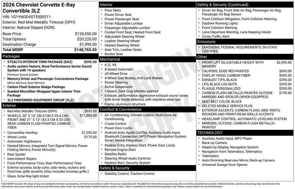 new 2026 Chevrolet Corvette E-Ray car, priced at $147,765