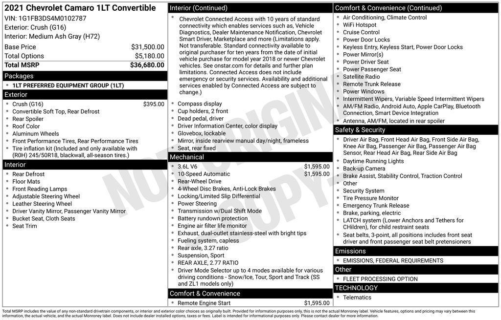 used 2021 Chevrolet Camaro car, priced at $19,490