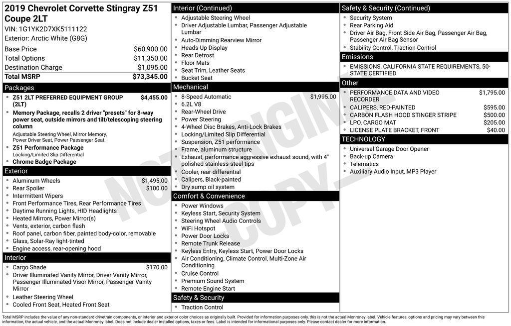 used 2019 Chevrolet Corvette car, priced at $47,990