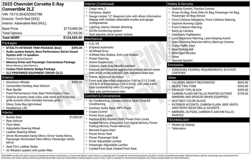 new 2025 Chevrolet Corvette E-Ray car, priced at $109,460