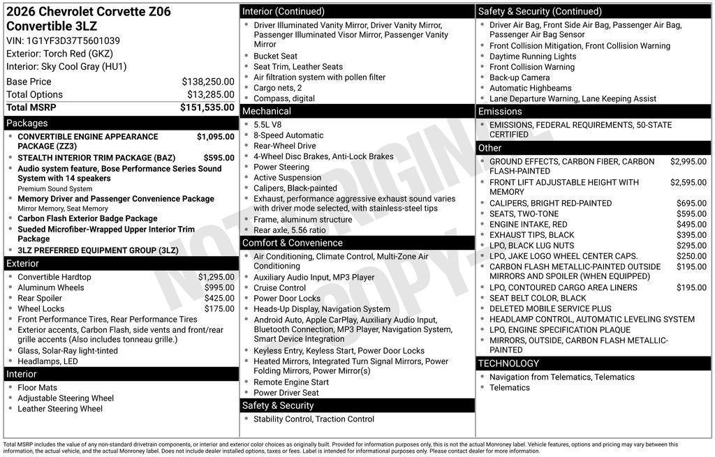 new 2026 Chevrolet Corvette car, priced at $156,130