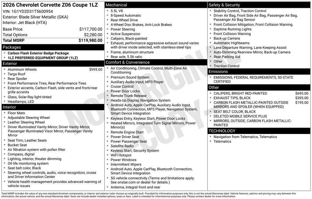 new 2026 Chevrolet Corvette car, priced at $119,575