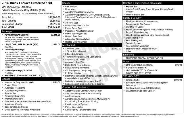 new 2026 Buick Enclave car, priced at $50,980