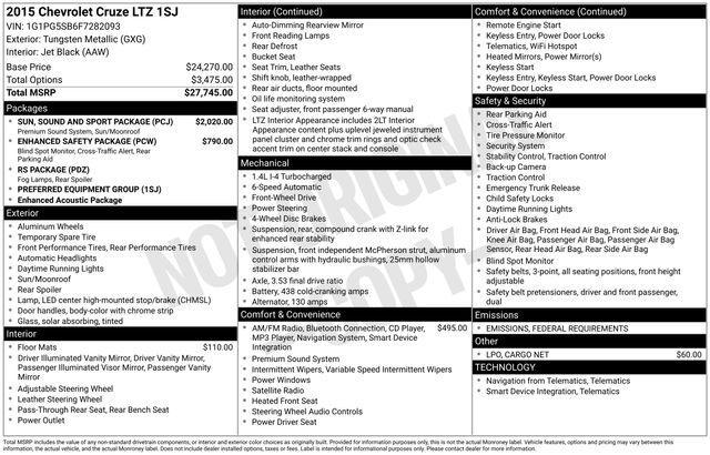 used 2015 Chevrolet Cruze car, priced at $9,352