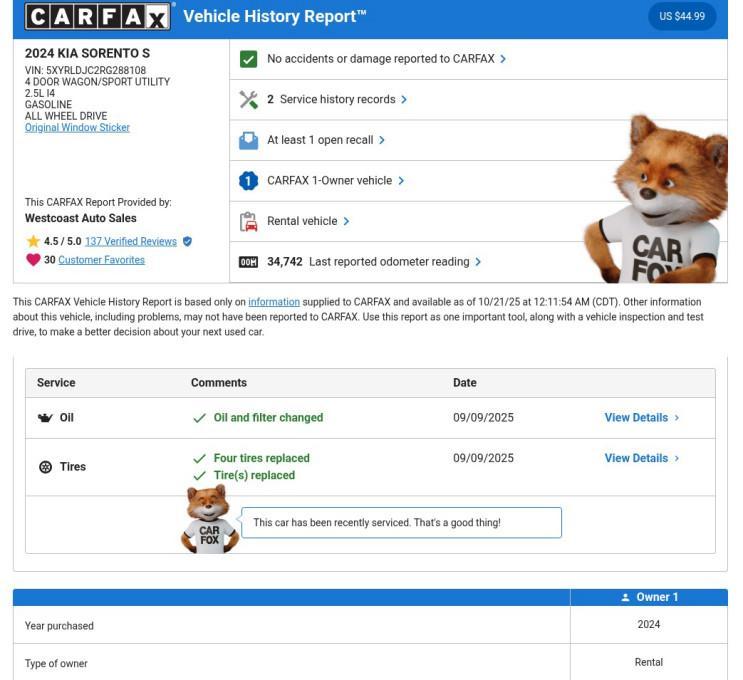 used 2024 Kia Sorento car, priced at $26,857