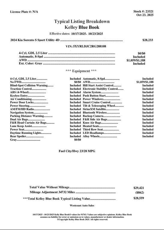 used 2024 Kia Sorento car, priced at $26,857