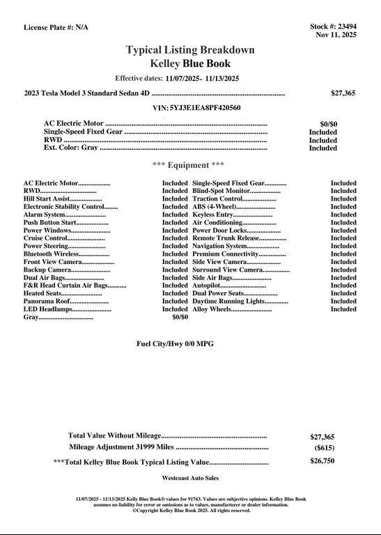 used 2023 Tesla Model 3 car, priced at $22,388