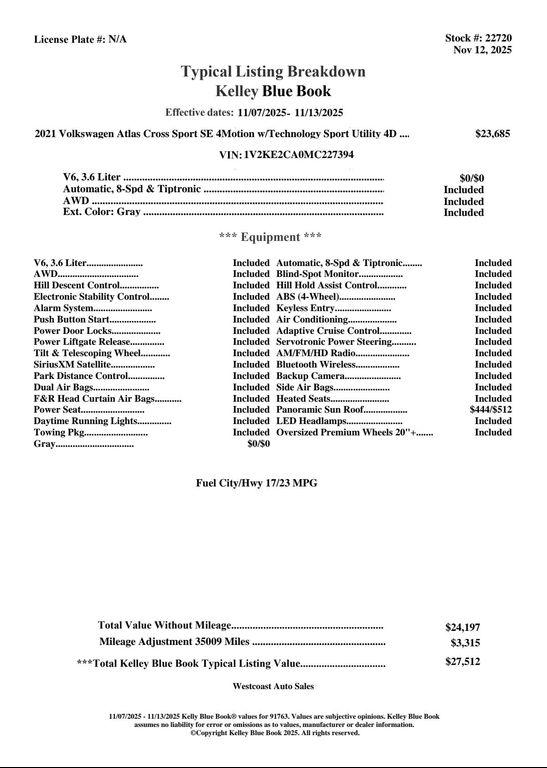 used 2021 Volkswagen Atlas Cross Sport car, priced at $23,033