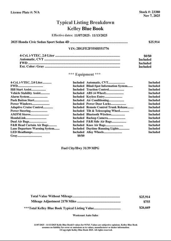 used 2025 Honda Civic car, priced at $24,022