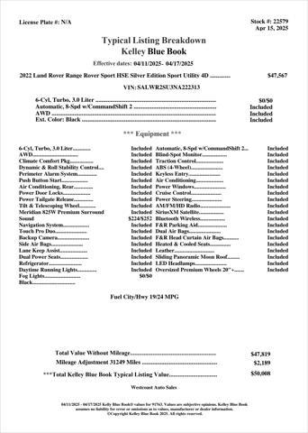 used 2022 Land Rover Range Rover Sport car, priced at $47,963