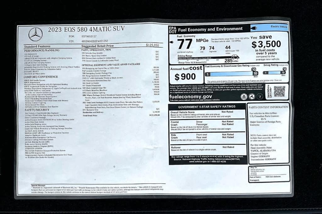 new 2023 Mercedes-Benz EQS 580 car, priced at $137,290