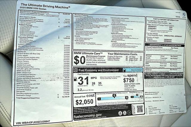 new 2025 BMW 530 car, priced at $70,725