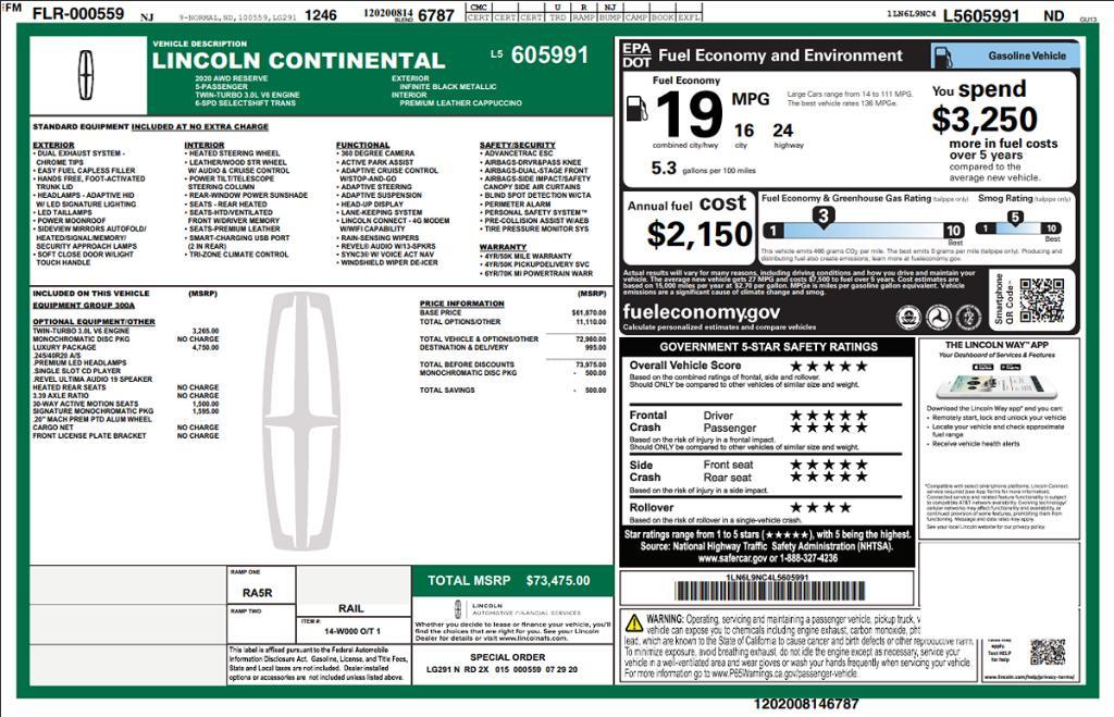 used 2020 Lincoln Continental car, priced at $27,495